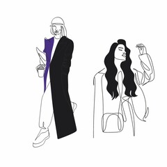 Fashion model concept, woman beauty minimalist, vector illustration. Luxury shop logo. Line art drawing woman