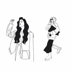 One line woman fashion, creative freehand composition in contemporary abstract style with colorful geometric elements. Beauty fashion female young figure. Tempura design for print, card, poster