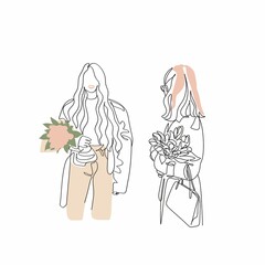 One line woman fashion, creative freehand composition in contemporary abstract style with colorful geometric elements. Beauty fashion female young figure. Tempura design for print, card, poster