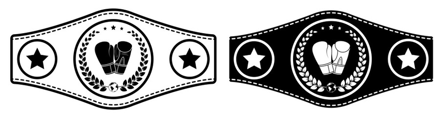 icon, sport belt of boxing champion, kickboxing tournament winner with gloves and laurel wreath emblem in center. Vector - obrazy, fototapety, plakaty