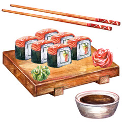 Japanese food rolls with salmon on board and chopsticks watercolor