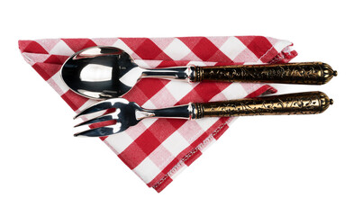 Fototapeta premium Set of cutlery on red cloth napkin on white background