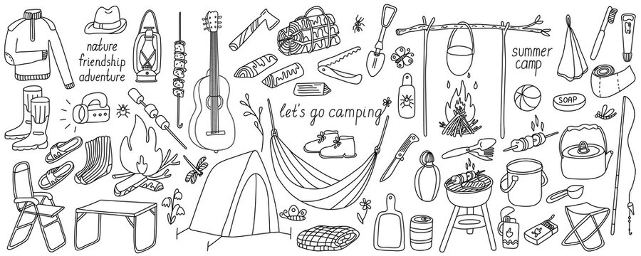 Big set of vector illustrations of tourism and camping equipment in doodle style on white background. Isolated black outline. Local travel hand drawn icon collection. Summer nature rest and adventure.