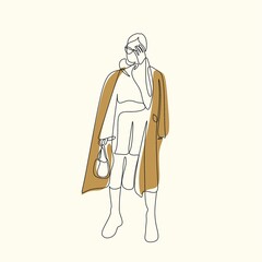 Hand drawing of a girl walking with shopping on a white background.Vector images can be used in advertising designs,magazines, and booklets.