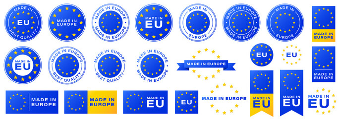 Labeling - Made in Europe. Stamps and tapes with yellow stars for packaging products and other consumer resources. Gradient-filled stickers. Information label. Vector illustration. © PaHa