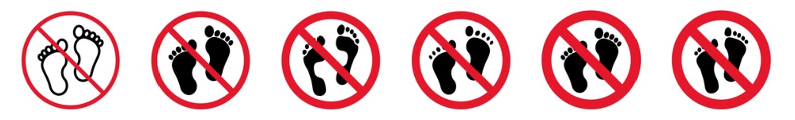 Prohibition Sign Footprints Forbidden Icon Set | Barefoot Prohibition Signs Prohibited Vector Illustration Logo | Human Foot Print Prohibition Sign Isolated Collection