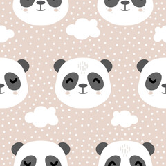 Polka dot pattern and panda face. Cute animal portrait. Сlouds on a pastel background. Simple shapes with texture. Vector illustration in Scandinavian style. Baby textiles design, nursery decoration.