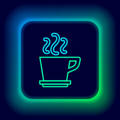Glowing neon line Coffee cup icon isolated on black background. Tea cup. Hot drink coffee. Colorful outline concept. Vector