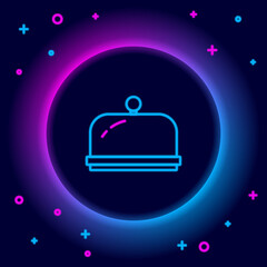 Glowing neon line Covered with a tray of food icon isolated on black background. Tray and lid sign. Restaurant cloche with lid. Kitchenware symbol. Colorful outline concept. Vector