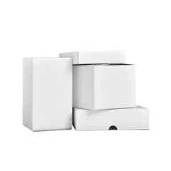 composition of four different white boxes for packaging on a white background.  Mockup of containers for goods