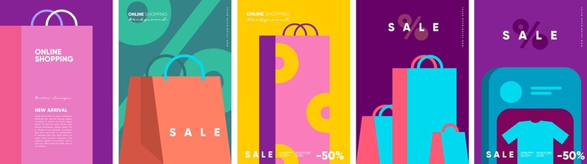 Online shopping and sale. Set of flat vector illustrations. Minimalistic background illustrations for sales, advertisements, coupons. Banner, poster, flyer. - obrazy, fototapety, plakaty