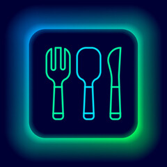 Glowing neon line Fork, spoon and knife icon isolated on black background. Cooking utensil. Cutlery sign. Colorful outline concept. Vector