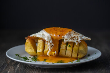 Baked potato with fried egg in white plate, close up