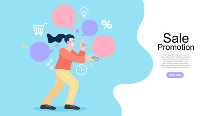 Sale promotion and e-commerce marketing campaign concept. A woman with icons for strategy, communication, and discounts. A vector banner for a limited-time offer or a special discount.