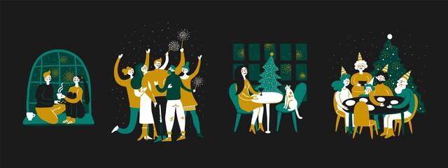 Set scenes people celebrating Christmas New Year. Happiness family friends couple lady woman man children young cat. Christmas tree design template primitive naive graphic friendly gathering tree snow