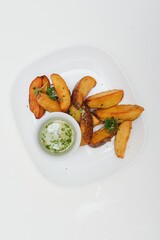 potatoes with meat and vegetables white background