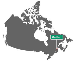 Landkarte von Kanada mit Ortsschild von Quebec