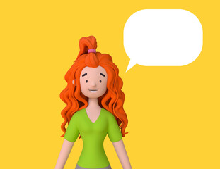 Smiling pink hair woman is looking at the camera, next to her is a text comic bubble. Speech bubble,  invitation Trendy 3d illustration.