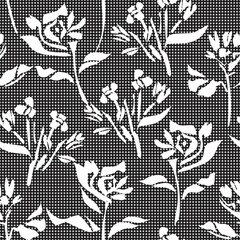 Black and White Botanical Tropical Floral Seamless Pattern with dotted Background