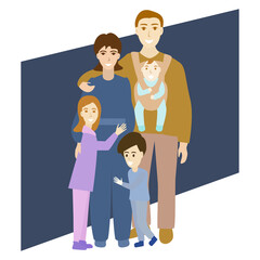 Mother and father with their three children. Patents and sibling. Happy family portrait. Isolated vector illustration on a white background.