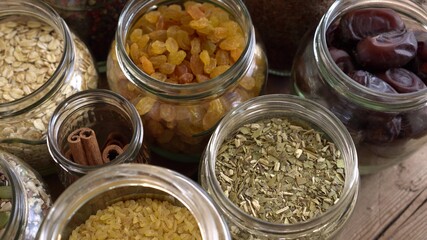 Grocery stock, food reserve. Glass Cereal Jars. Zero Waste Shopping. Shop in Bulk. Buying and Storage Food Package free. Reduce packaging waste. Healthy eating