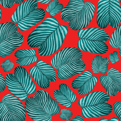 Fototapeta na wymiar Modern abstract seamless pattern with watercolor tropical leaves for textile design. Retro bright summer background. Jungle foliage illustration. Swimwear botanical design. Vintage exotic print. 