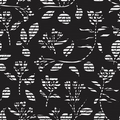 Black and White Botanical Floral Seamless Pattern with striped Background