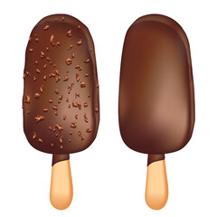 Refreshing ice cream on a stick with brown chocolate glaze and crushed hazelnuts isolated on white background. Frozen summertime confections vector illustration.