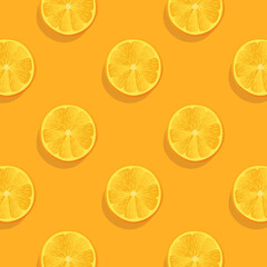 Slices of fresh orange summer background. Tropical pattern with oranges. Fruit repeated background. Vector bright print for fabric or wallpaper. Vector illustration.