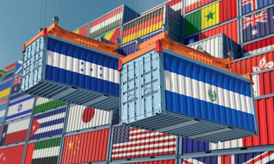 Freight containers with Honduras and El Salvador national flags. 3D Rendering 