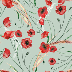 Watercolor abstract seamless background, card, pattern, spot, splash of paint, blot, divorce. Spikelet of wheat, grass, wildflowers. Abstract flower silhouette, poppy, branch, Red Rose. 