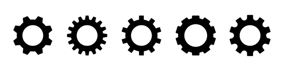 Gear set. Black gear wheel icons on white background. Vector illustration.