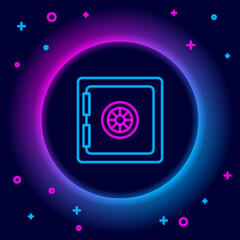 Glowing neon line Safe icon isolated on black background. The door safe a bank vault with a combination lock. Reliable Data Protection. Colorful outline concept. Vector