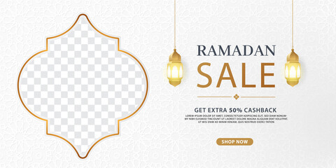Ramadan sale discount banner template promotion design for business. white and gold background