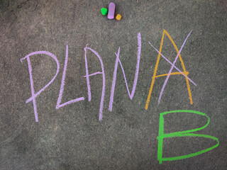 The inscription text on the grey board, Plan with strike out A and B . Using color chalk pieces.