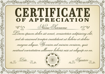 A4 size vintage certificate template graphic to use for wedding cards, invitations, postcards and graduation diploma. Certificate vector illustration with stamp and victorian style frame.