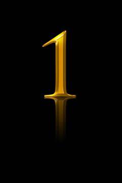 One, gold number, over black. Symbol of the number one, representing a single entity, first place or winner, the best, richest, greatest or other reached aims. Metallic numeral. Illustration. Vector.