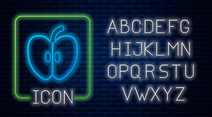 Glowing neon Apple icon isolated on brick wall background. Fruit with leaf symbol. Neon light alphabet. Vector