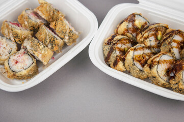 Sushi roll with salmon and shrimp tempura