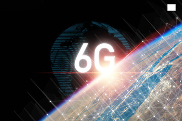 6G technology on earth and info graphics world with beautiful light , six generation of high speed internet technology which will change communication and lifestyle in the future.