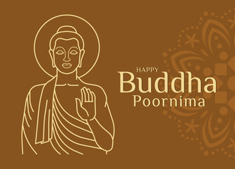 Happy buddha poornima with abstract line border The Buddha raised his hand to bless on brown background vector design