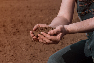 Hands of female farmer full of freshly ploughed fertile soil ground in springtime