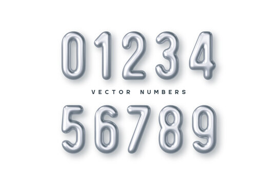Silver numbers vector set. 3d realistic metal characters. Decorative elements for banner, cover, birthday or anniversary party.