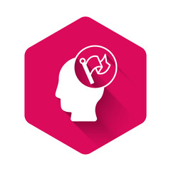 White Hand holding flag icon isolated with long shadow background. Victory, winning and conquer adversity concept. Pink hexagon button. Vector