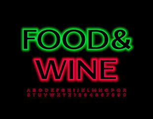 Vector modern sign Food and Wine. Red bright Font. Glowing Neon Alphabet Letters and Numbers set