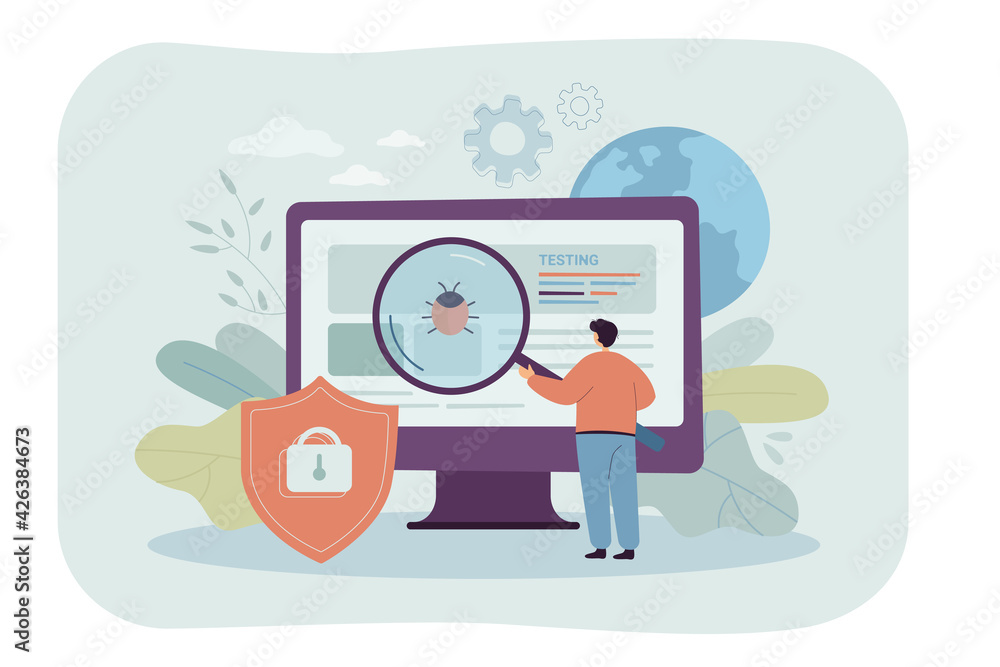 Poster cartoon metaphor of software assurance application or service. flat vector illustration. tiny man wi