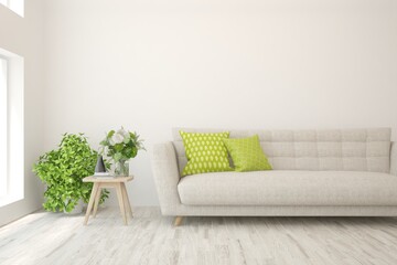 White living room with sofa. Scandinavian interior design. 3D illustration