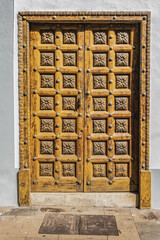 Typical Canary Island colourful architecture with wooden decorative elements on the island of Tenerife. San Cristobal de La Laguna, Tenerife, Canary Islands, Spain.