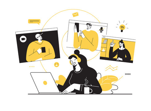 Vector illustration, work from home online, remote work, self-isolation. Freelance worker holding a video conference with colleagues from home. Internet connection. Friends video meeting