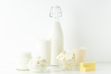 Different milk products: milk, cheese and yoghurt
